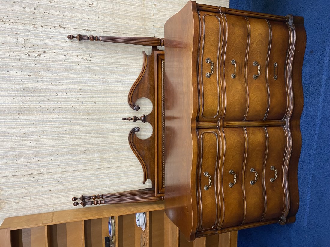 Mahogany Dresser & Bed: Dresser measures 36" x 60" x 21, includes matching mirror. Bed measures 64" x 58", has original rails & supports.