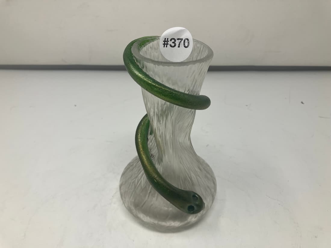 Iridescent Art Glass Vase w/Applied Snake: Hand blown. 6" H.