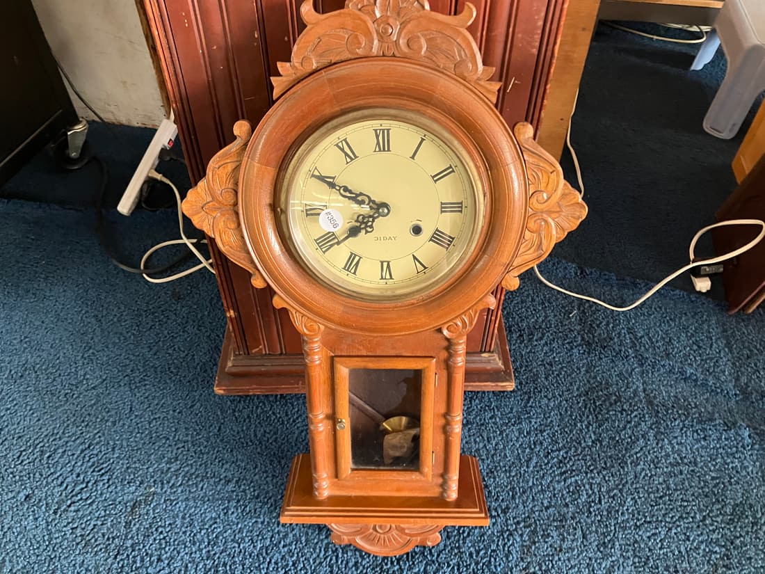 Carved Regulator Wall Clock 31 DAy: has key pendulum, 31"H.