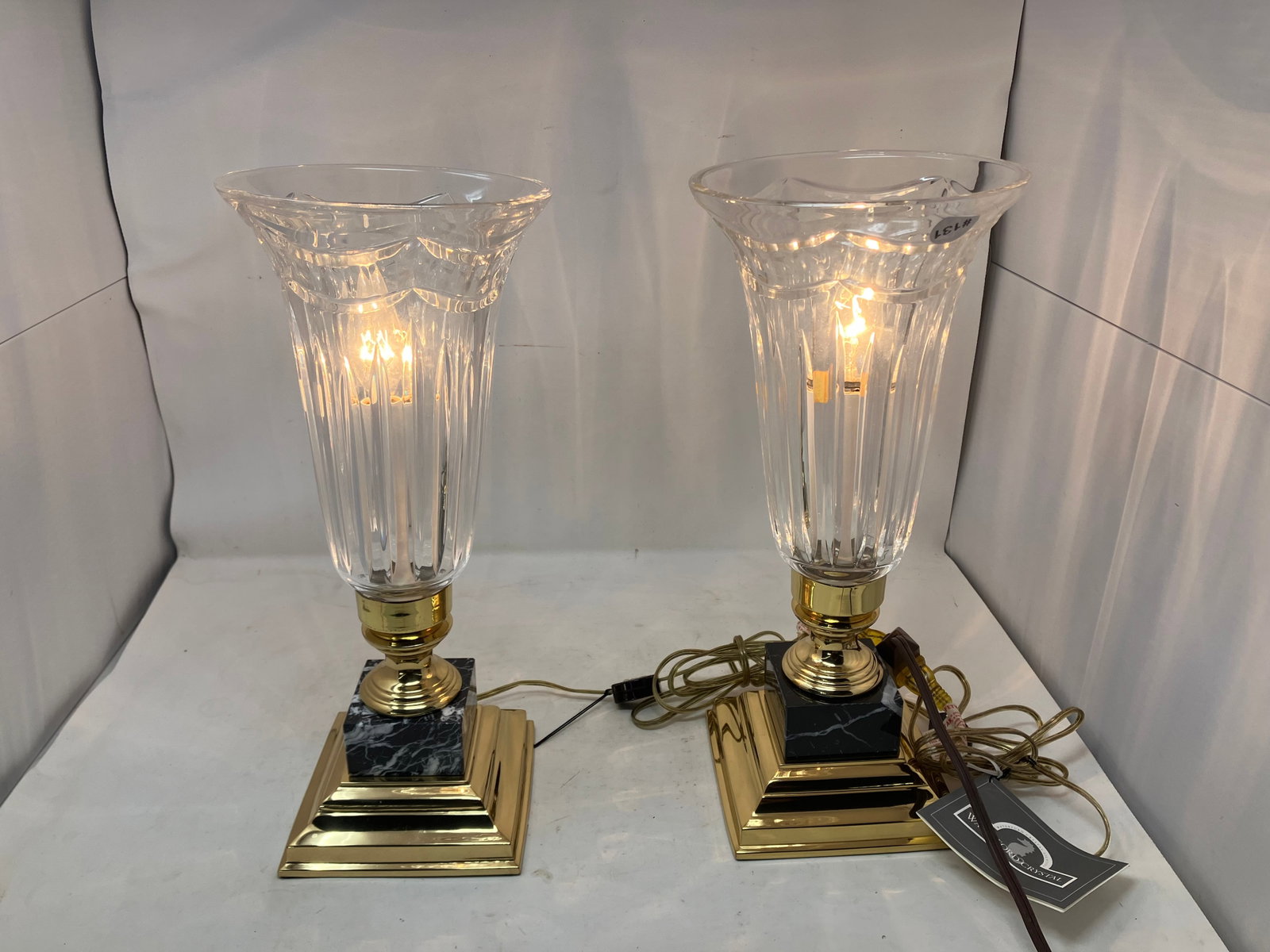 Pair Waterford Pompeii Marble Lamp: ornate marble bases, 16"H.