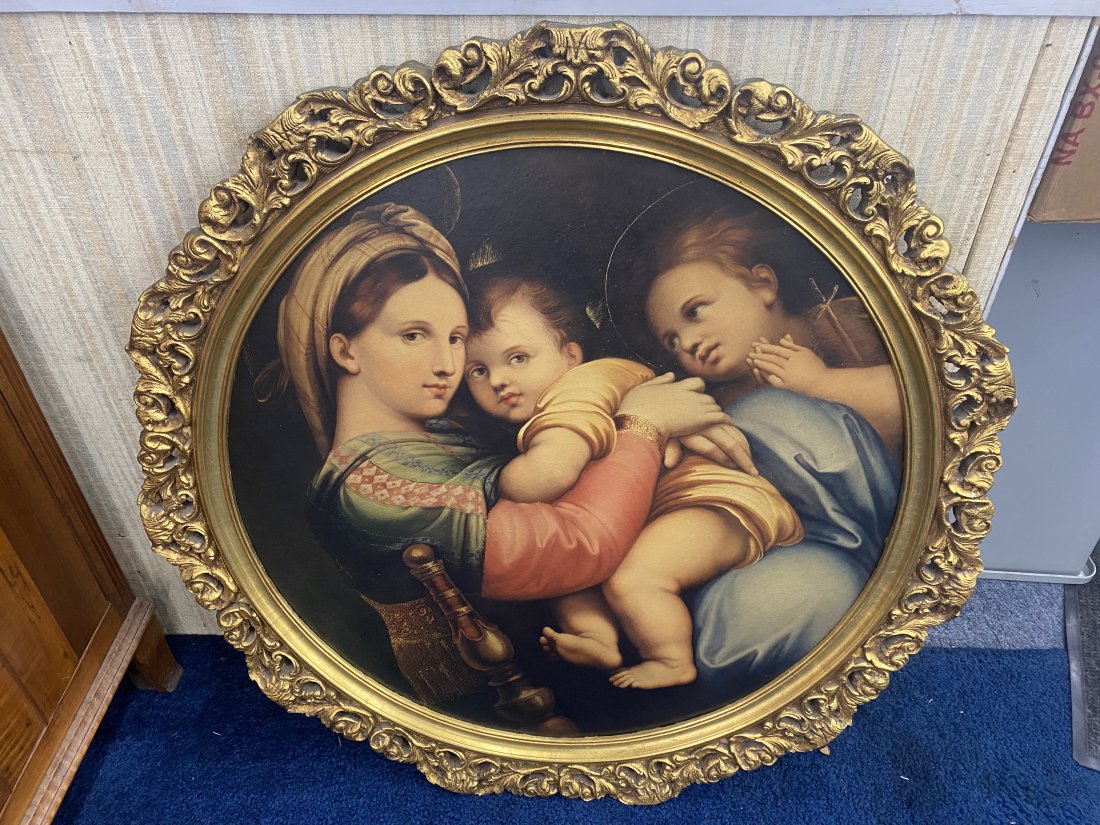 Print by Raphael "Madonna of the Chair": 36" round. Gilt wood frame.