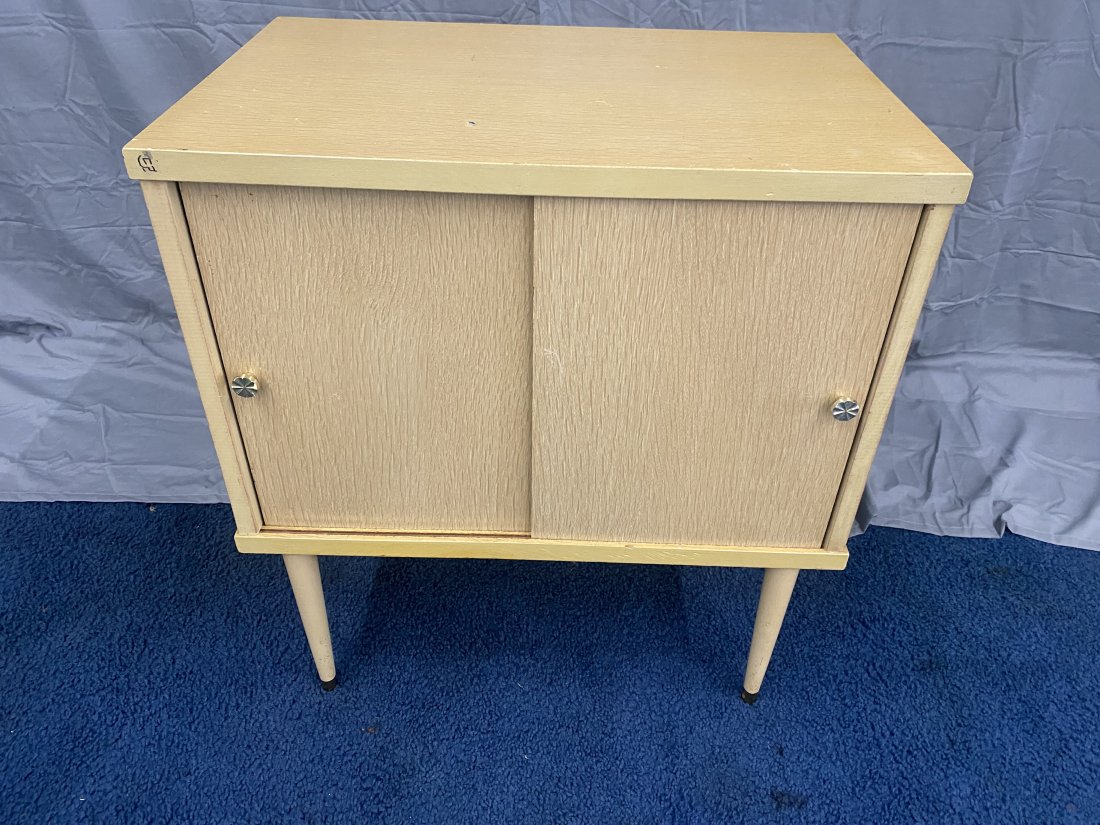Mid Century Modern Cabinet: 26" x 24" x 16", has 2 sliding doors