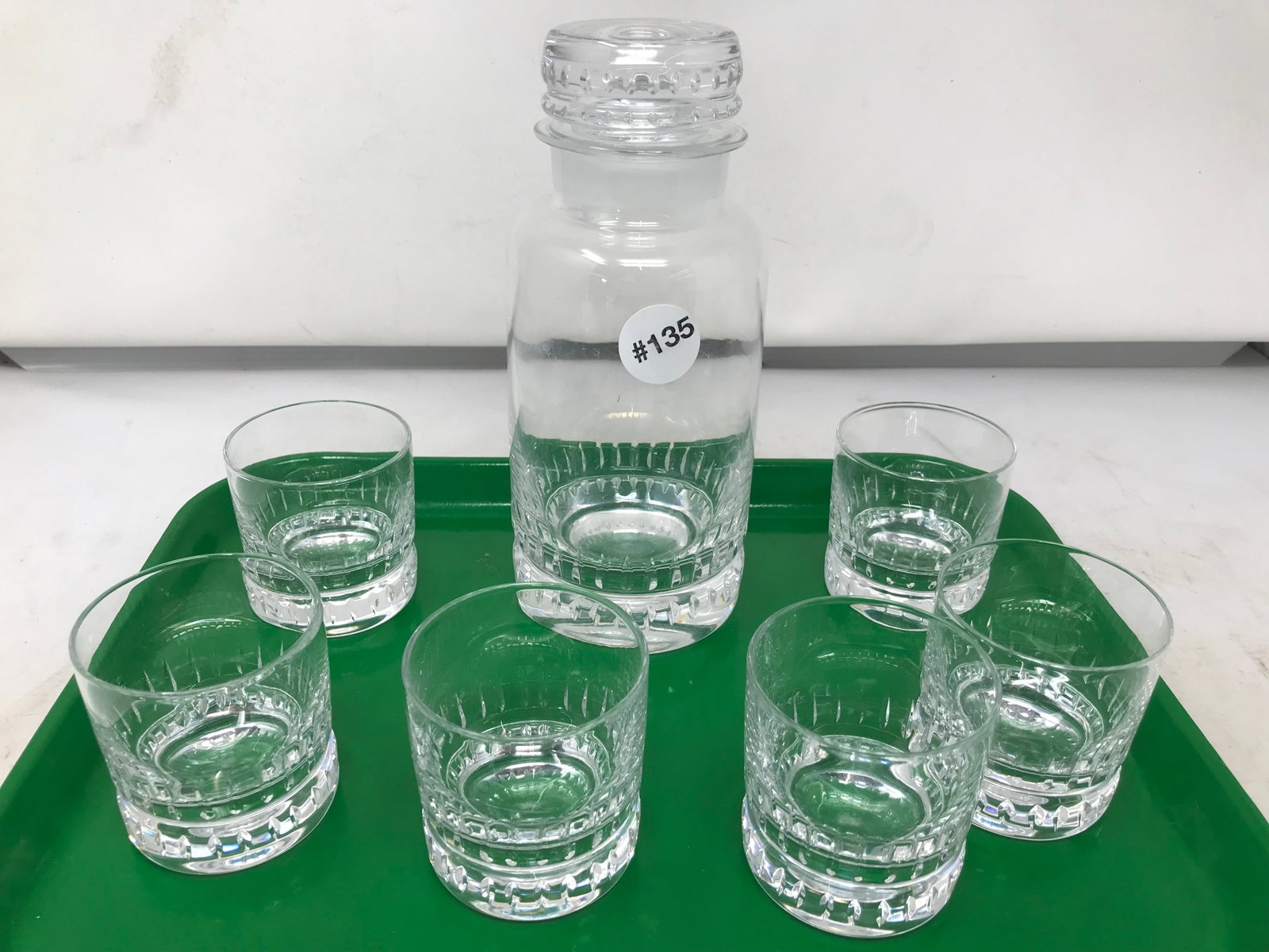 Seven Piece Hadeland Liquor Set: made in Norway, cut design, 8"H.