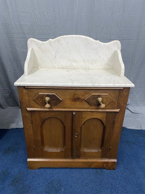 Marble Top Wash Stand: Dovetailed drawers, original pulls. 40" x 29" x 16". **This item is not eligible for in-house shipping.**