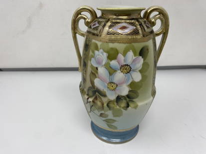 Imperial Nippon Vase: 9"x5", signed on bottom, decorated with raised flowers and gilt overlay