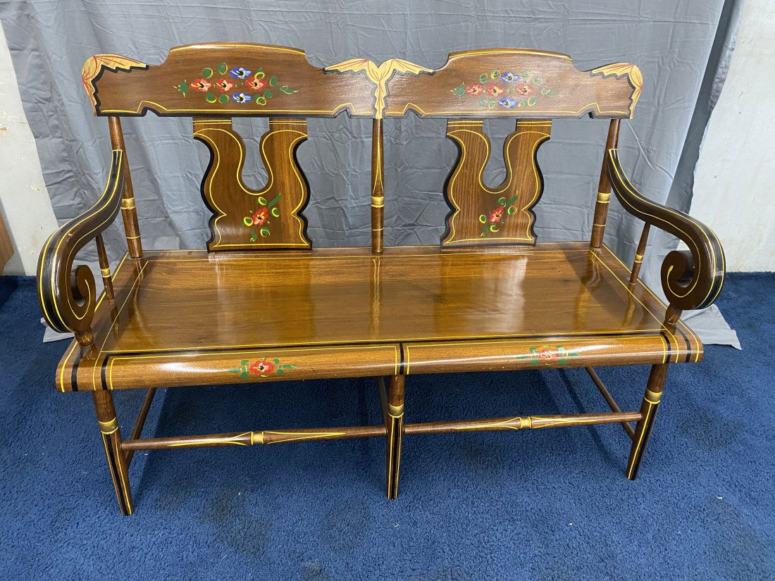 Paint Decorated Settee: 59"x21"x36", has single plank bench. **This item is not eligible for in-house shipping.**