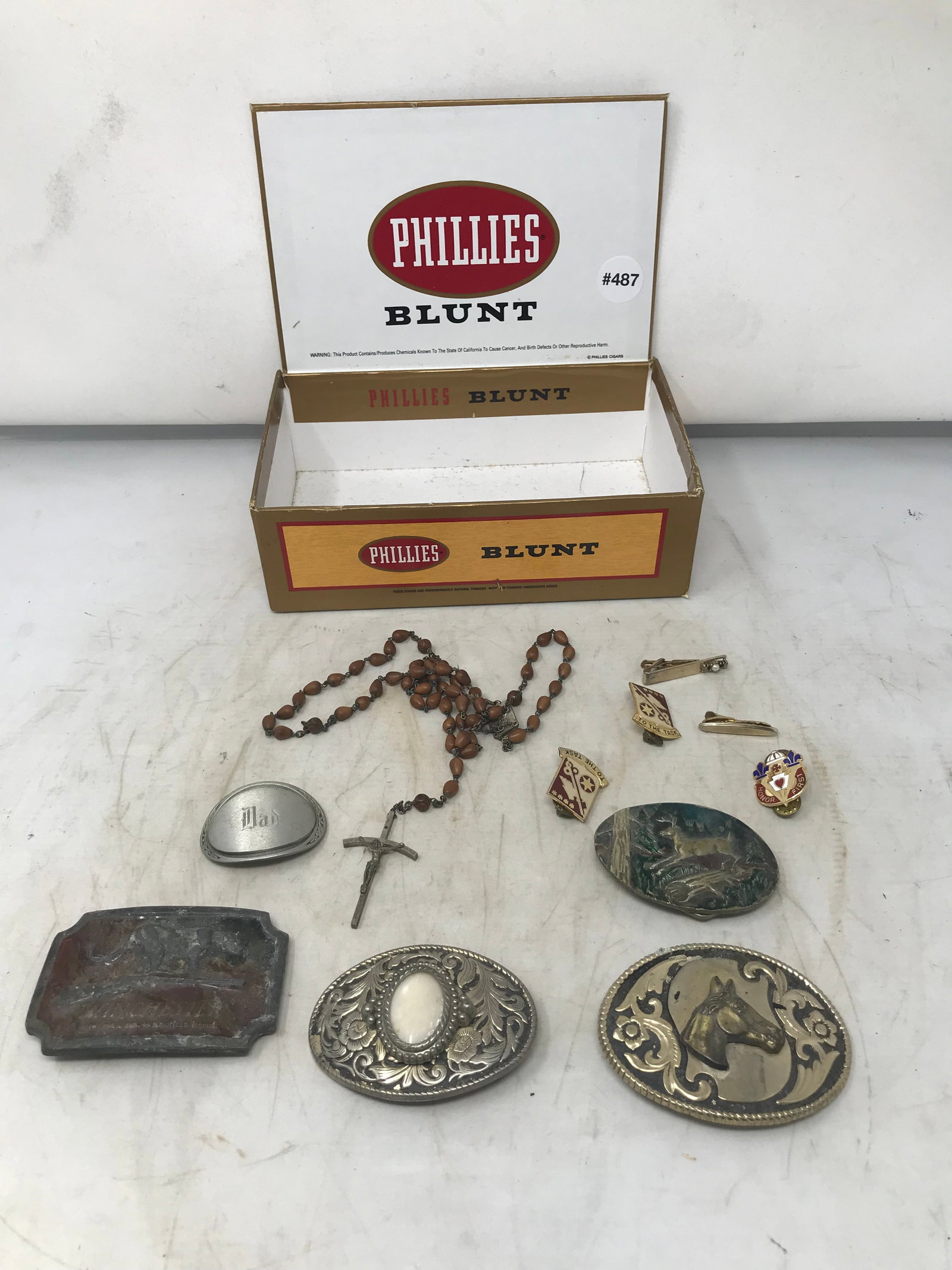 Mixed Lot: Five Belt buckles, rosary, plus. Largest belt buckle 3.5" W