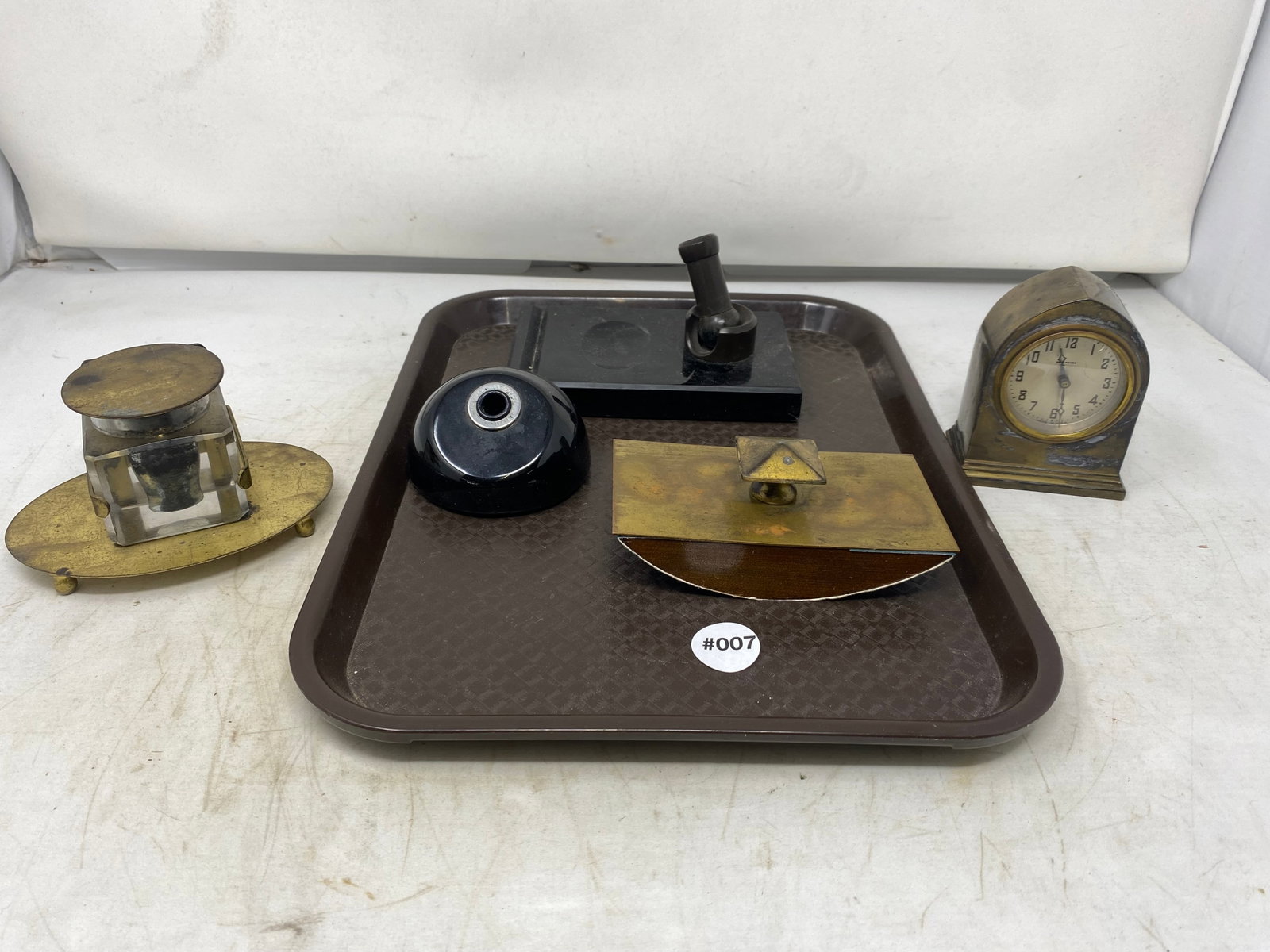 Desk Items: Includes inkwells, blotter & a clock. Pen holder measures 6" x 4".