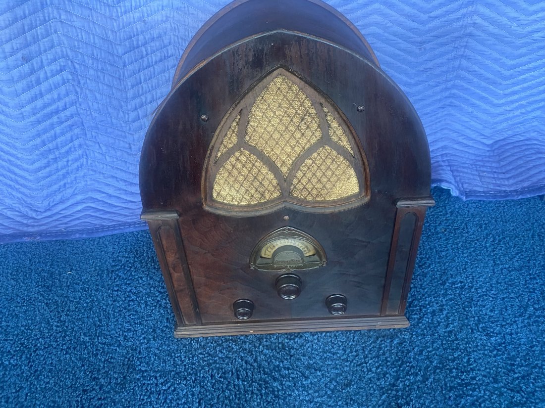 Atwater Kent Cathedral Tube Radio: 20" x 9" x 16". Signed on dial.