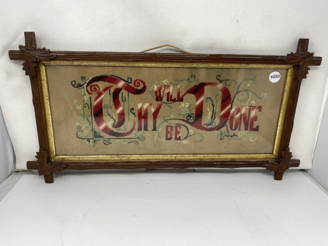 Victorian House Blessing: 26" x 13". Needlepoint. In carved walnut frame.