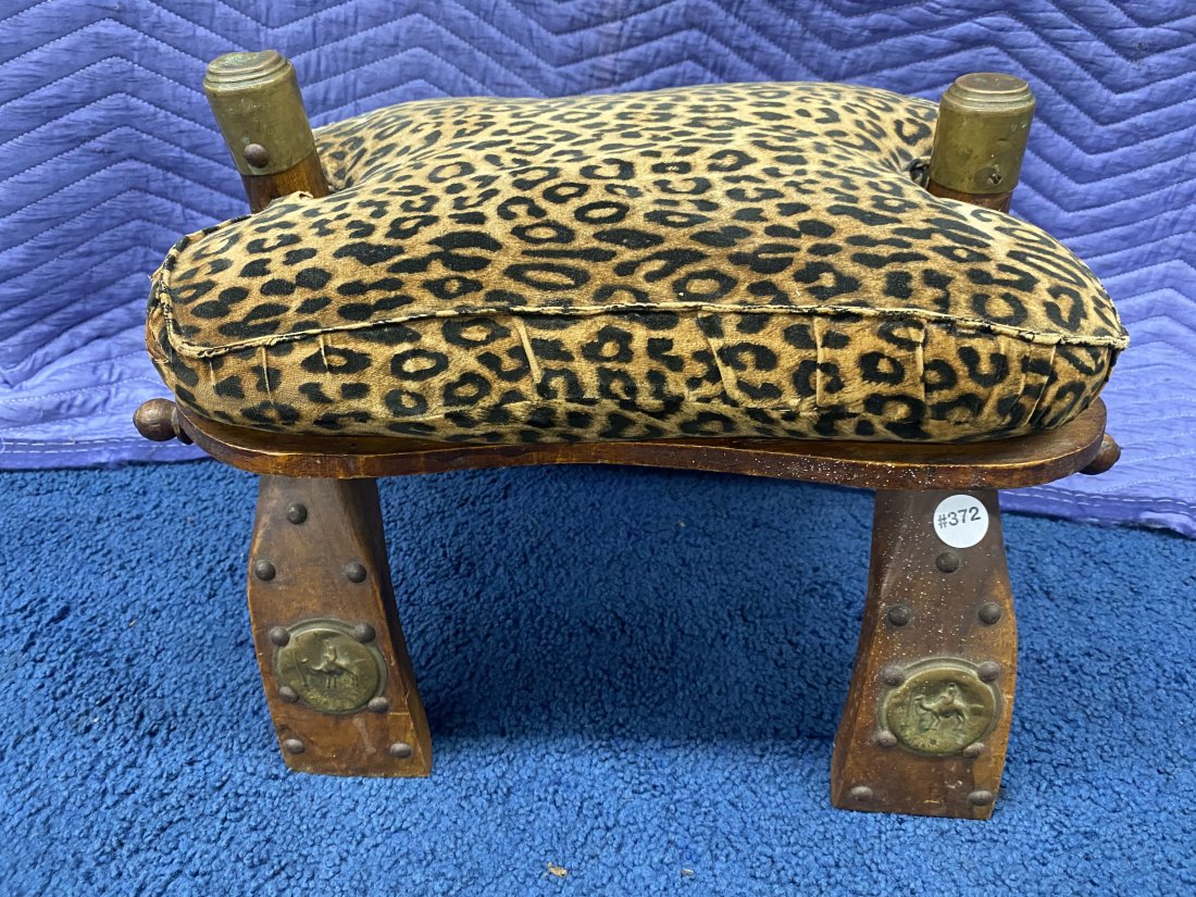 Antique Camel Stool: has leopard upholstery, 14"x17"x11"