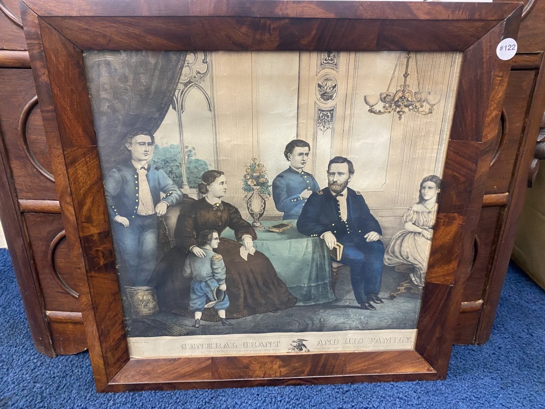 "General Grant and His Family" Lithograph: hand colored, antique flame mahogany frame is 24"x24", exposed is 20"x20", signed John Smith Philadelphia and dated 1866