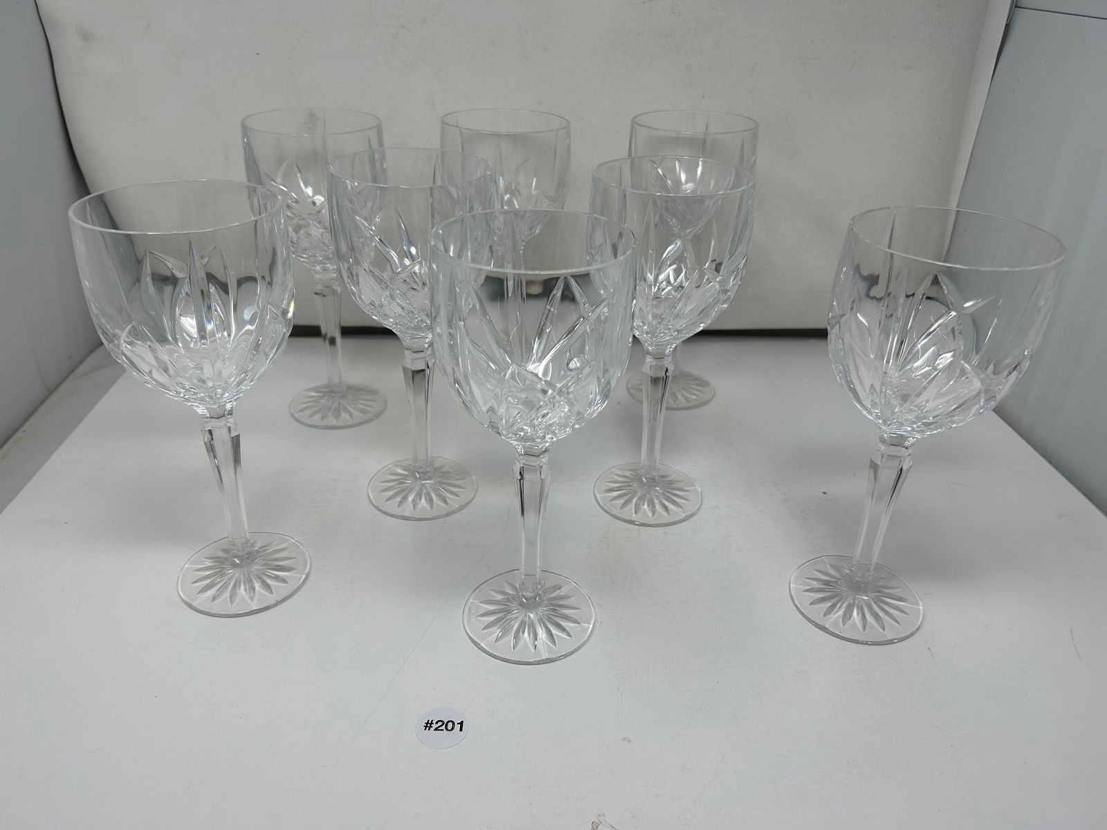 Eight Waterford Wine Goblets: 8.75" H. Signed on base.