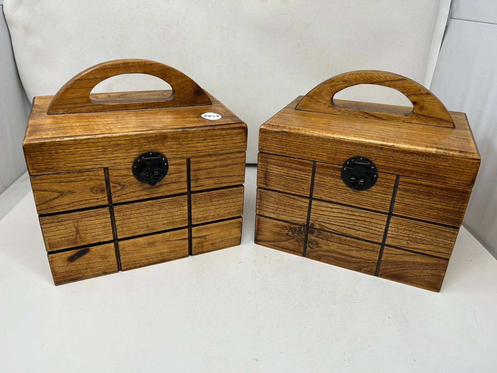 Pair of Asian Boxes: 10" x 10" x 7". Felt lined interiors.