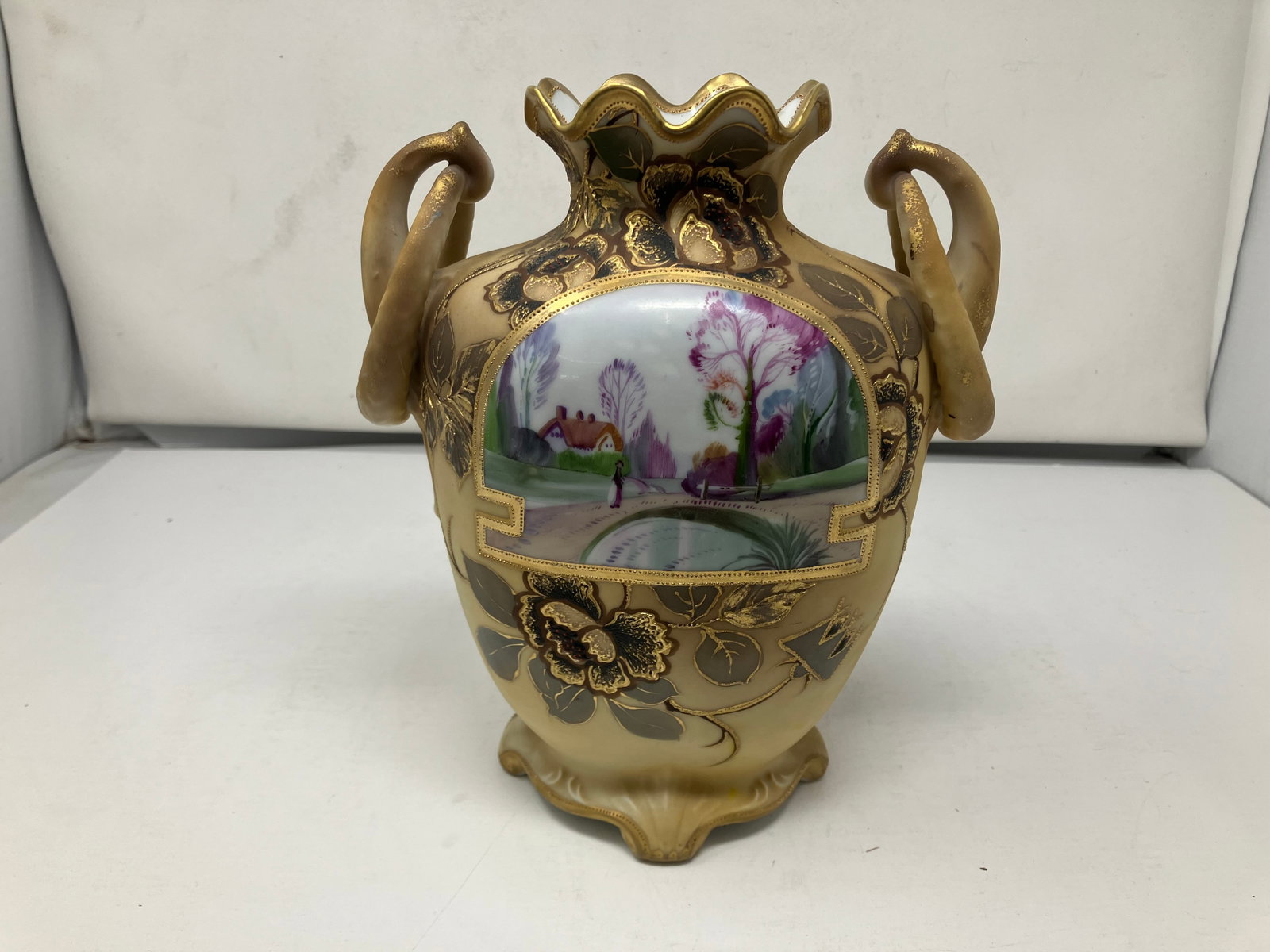 Nippon Urn Vase: large loop handles, hand painted scene. 9.5"H.