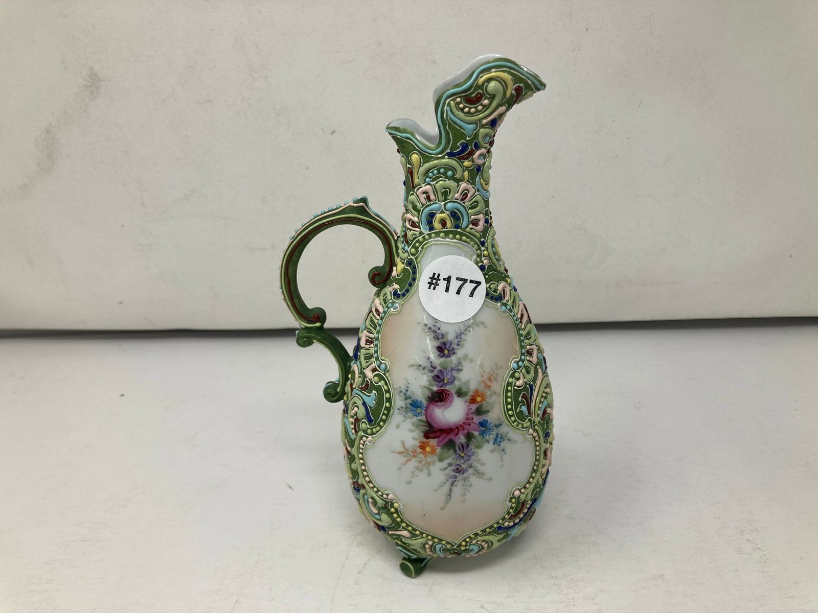 Nippon Moriage Ewer: 8.5" H. Hand Painted, applied decoration.