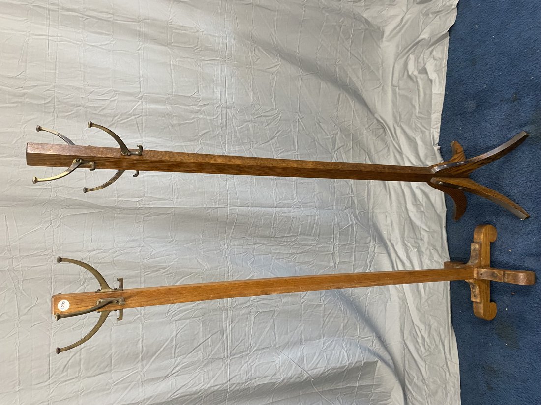 Two Antique Oak Clothes Trees: Tallest 66" H.
