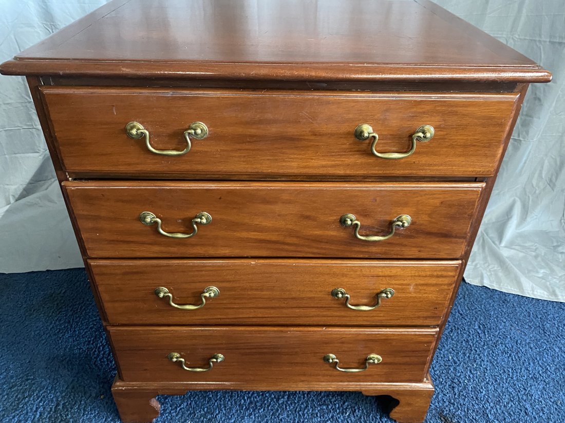 Period Four Drawer Chippendale Bachelors Chest: mahogany, 29" x 25" x 18". Has matching pulls, sits on original bracket feet.