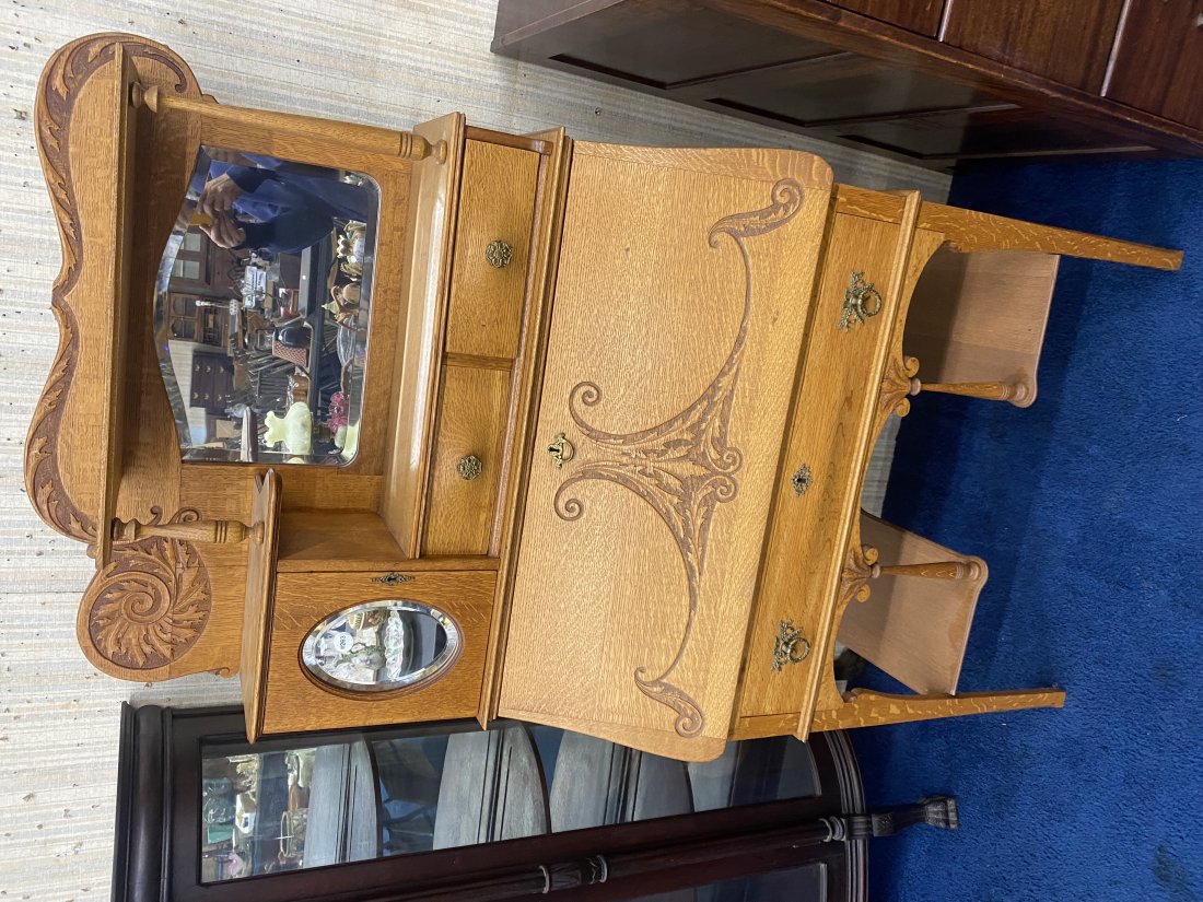 Antique Oak Desk w/ Gallery Top: Two pieces, 67"x36"x16", has 2 lower shelves, carved lid with original interior, gallery top with 2 mirrors, 2 drawers and door with mirror