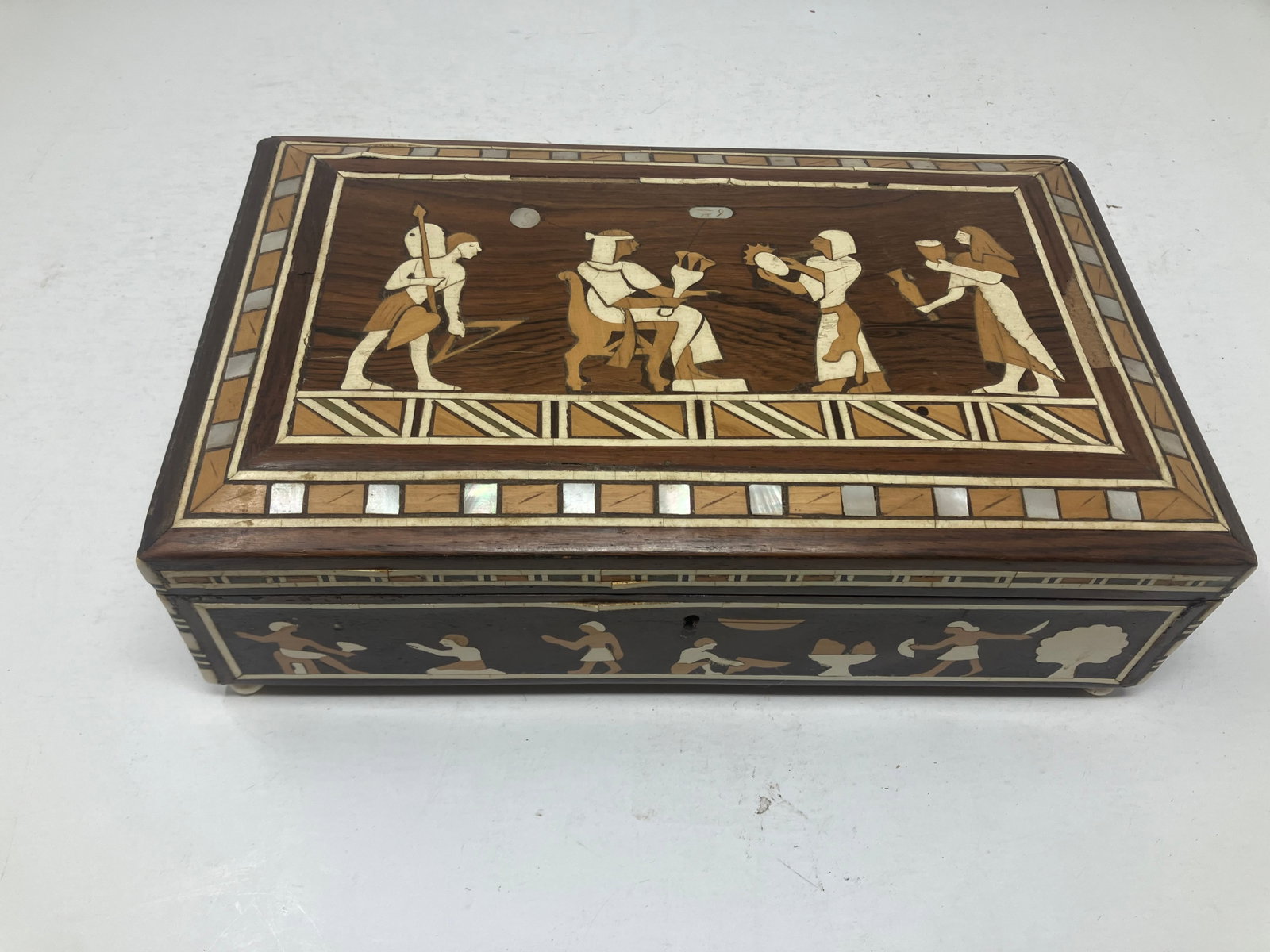 Egyptian Revival Inlay Box: heavily inlay, with rosewood and mop inserts. 11"W.