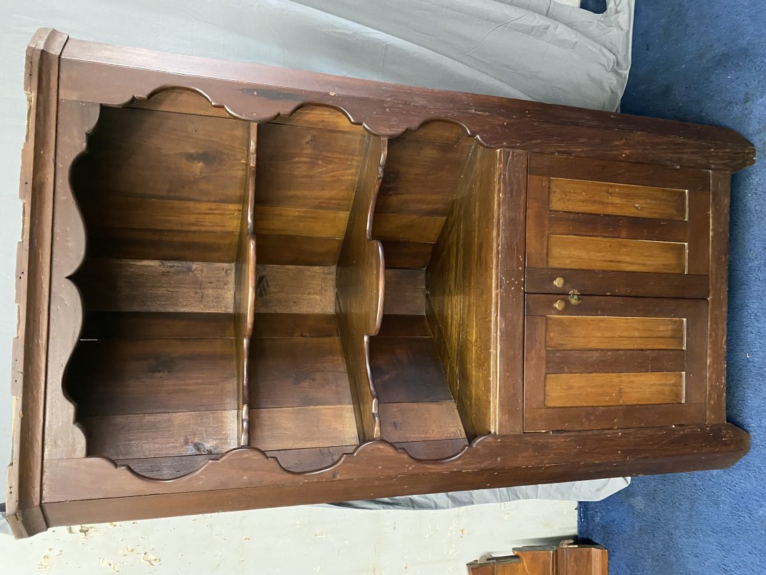 Antique Corner Cupboard: 77" x 44 x 22". One piece. Softwood. Has butterfly shelves.