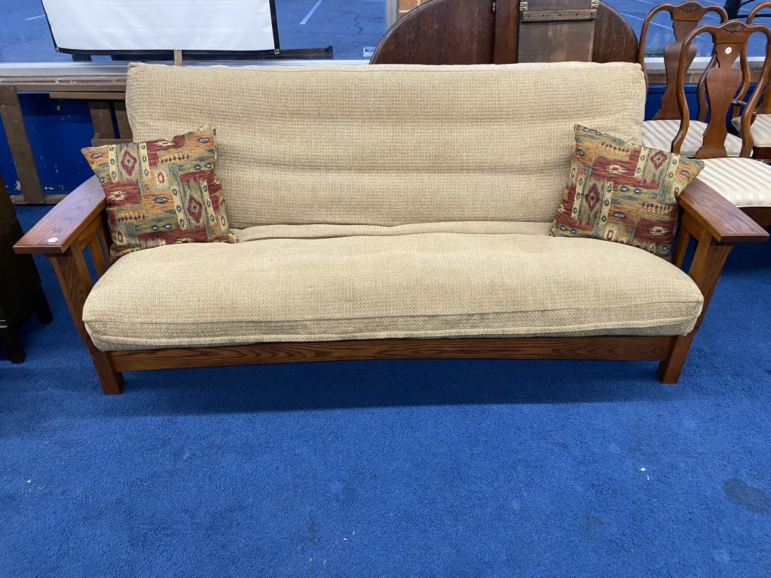 Oak Mission Style Futon: 40" x 86" x 35". Has removable cushion. Made Elm Crest Furniture, Lititz, Pa.