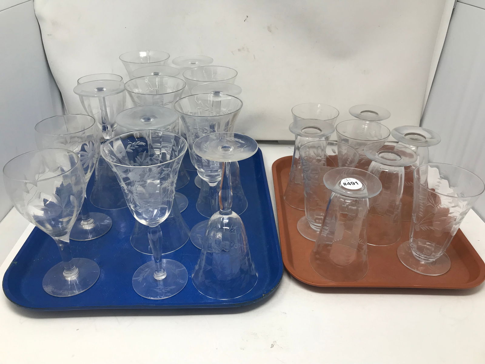 Elegant Glass Stemware: Various patterns. Largest 8" H, shortest 5" H.