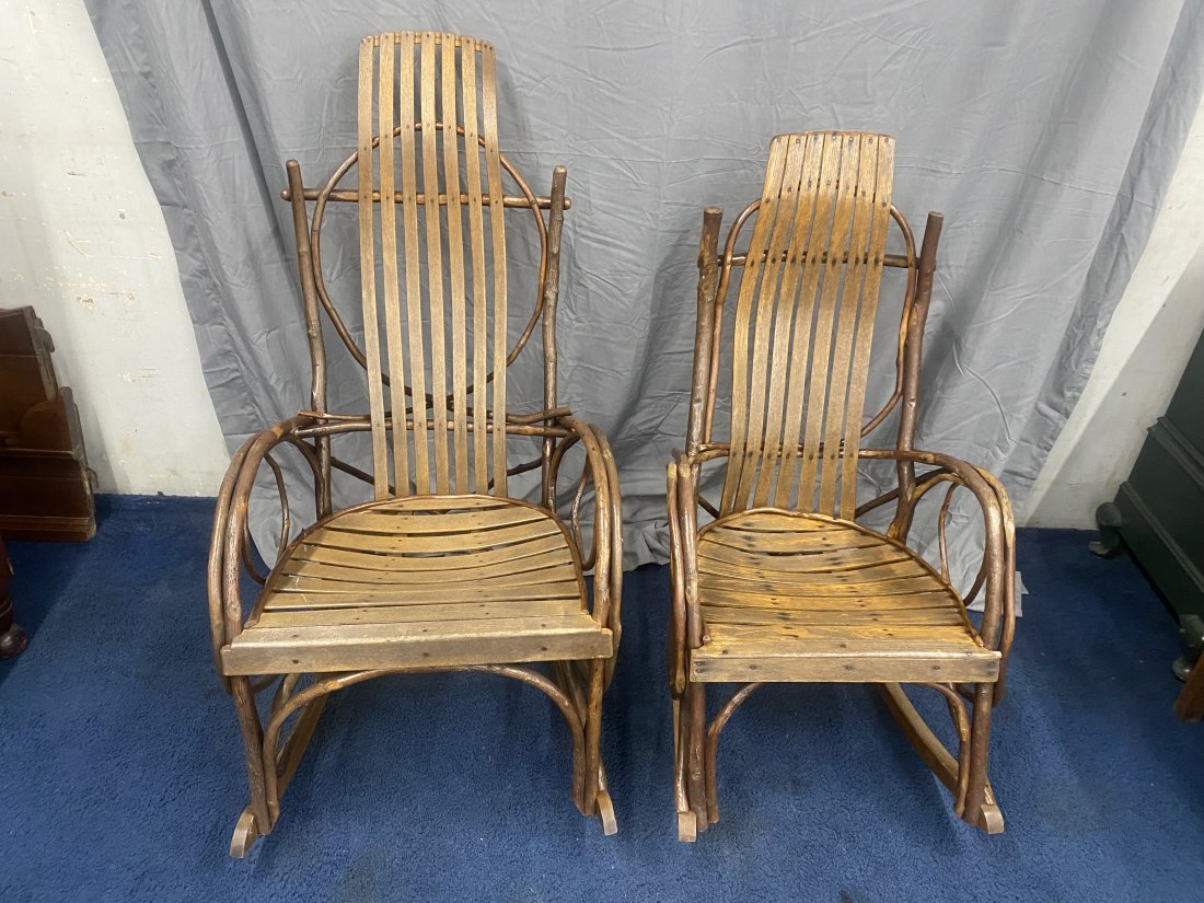 Pair of Hickory Rockers: Larger measures 46" x 25" x 20". Signed on bottom "Dave Dyer"