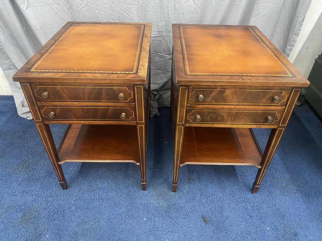 Pair of Mahogany Leather Top Tables with Inlay (1 of 7)