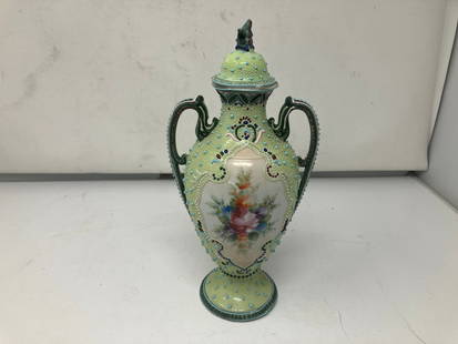 Nippon Moriage Urn: raised enamel decoration, 10.5"H.