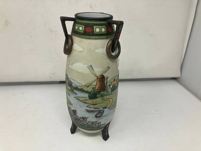 Nippon Moriage Footed Vase: raised enamel decoration, 10"H.