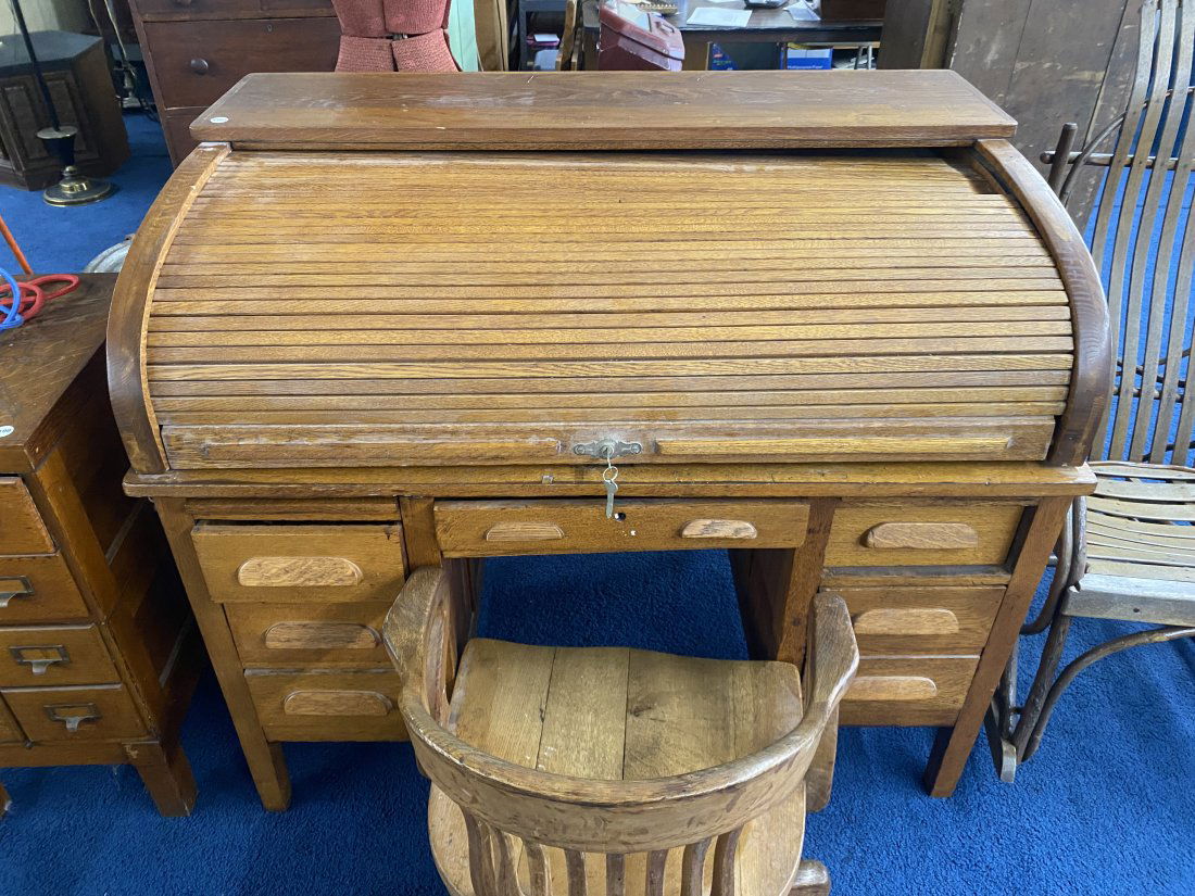 Antique Oak Rolltop Desk And Chair Auction