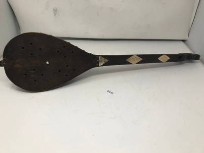 Folk Art Carved Banjo: 25" x 7". Has an animal hide cover, early inlay and animal carved top.