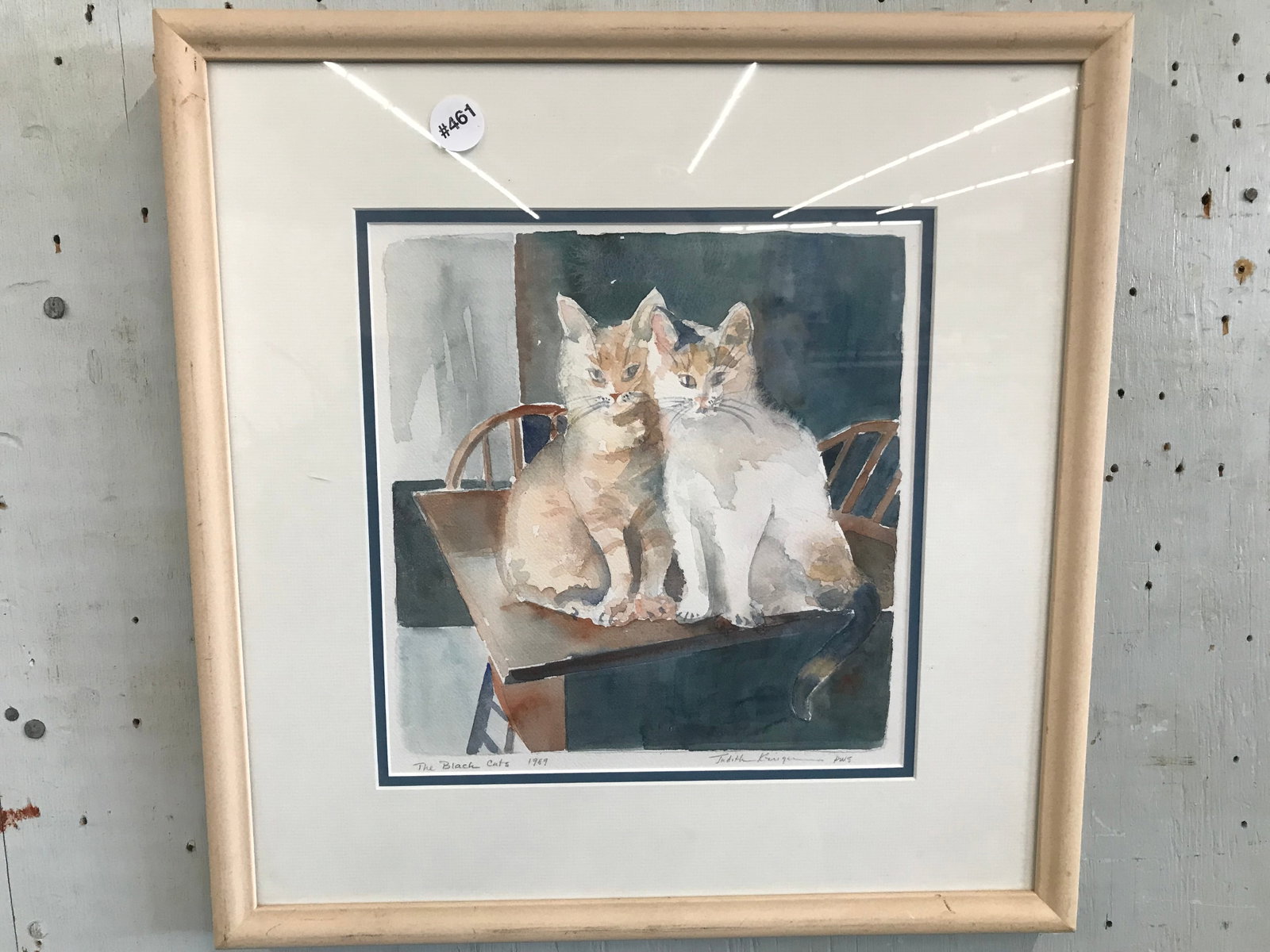 Signed Watercolor: slr, "Judith Krieger?". titled "The Black Cats 1989". frame 19"x18".