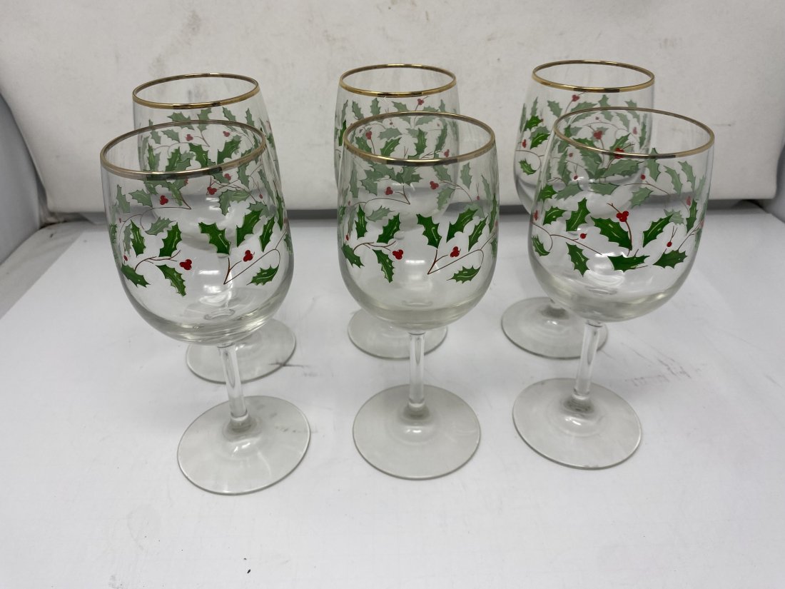 Six Lenox Holly Pattern Wine Glasses: 7.5" H.