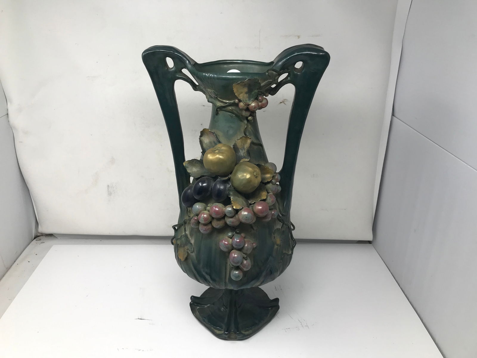 Amphora Iridescent Pottery Vase: marked on base, iridescent with applied decoration. 17"H.