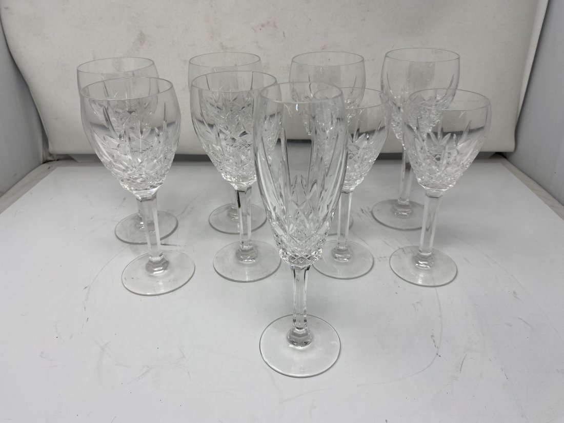 Nine Waterford Stems: set of 6 are 7 3/4" tall, champagne flute is 8 1/2" tall, plus pair of wine stems, all signed on bottom Marquis