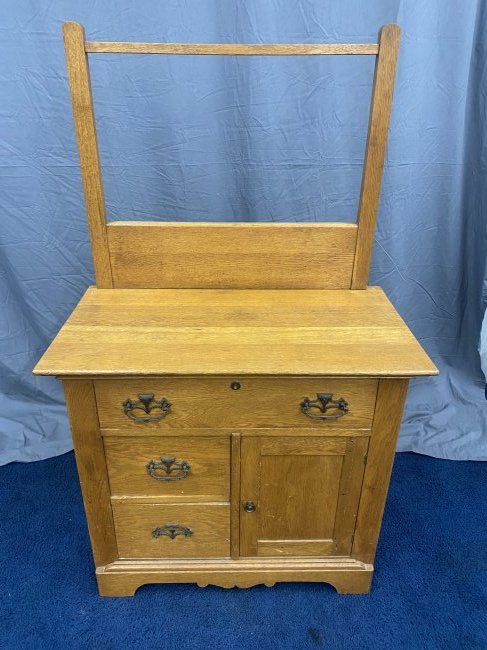 Antique Oak Washstand: 53" x 31" x 18", has original towel bar