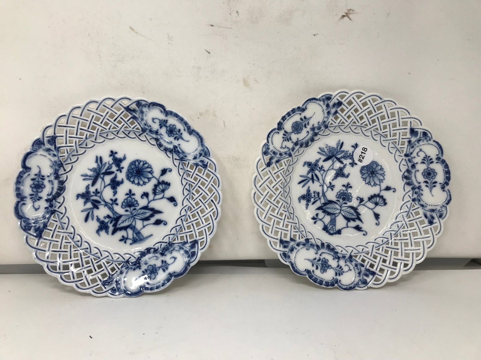 Meissen Pierced Blue Onion Plates: marked, 9.5"W.