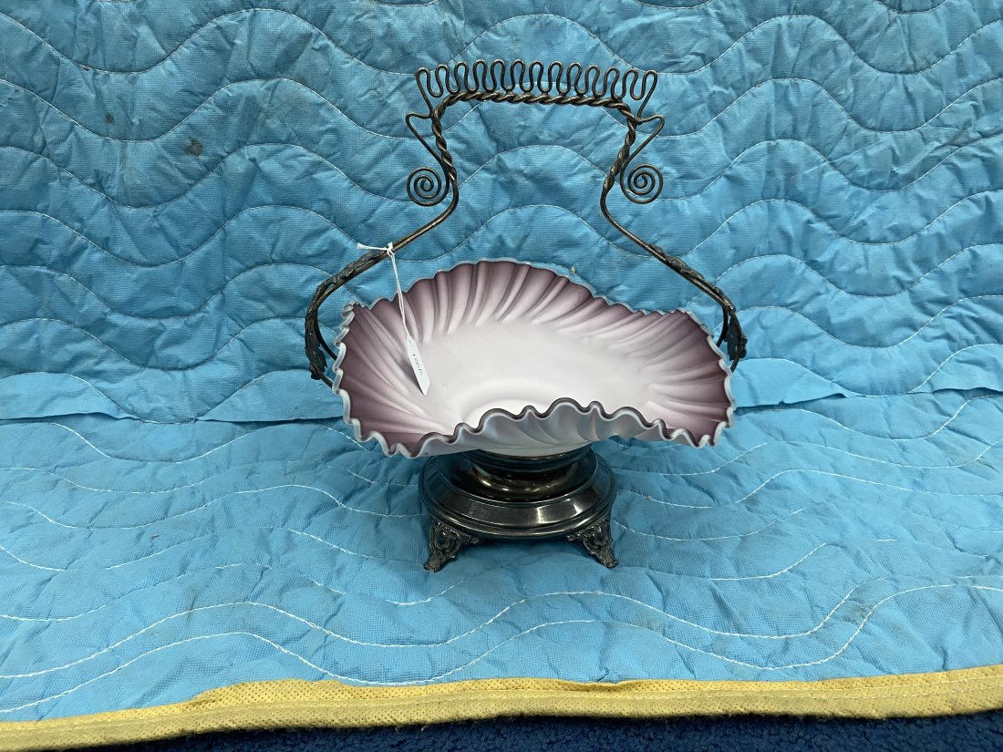 Victorian Brides Basket: Silverplate baskets is 12" x10", hand blown insert is 10"