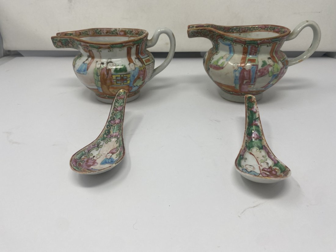 Two Antique Rose Medallion Creamers with Spoons (1 of 9)