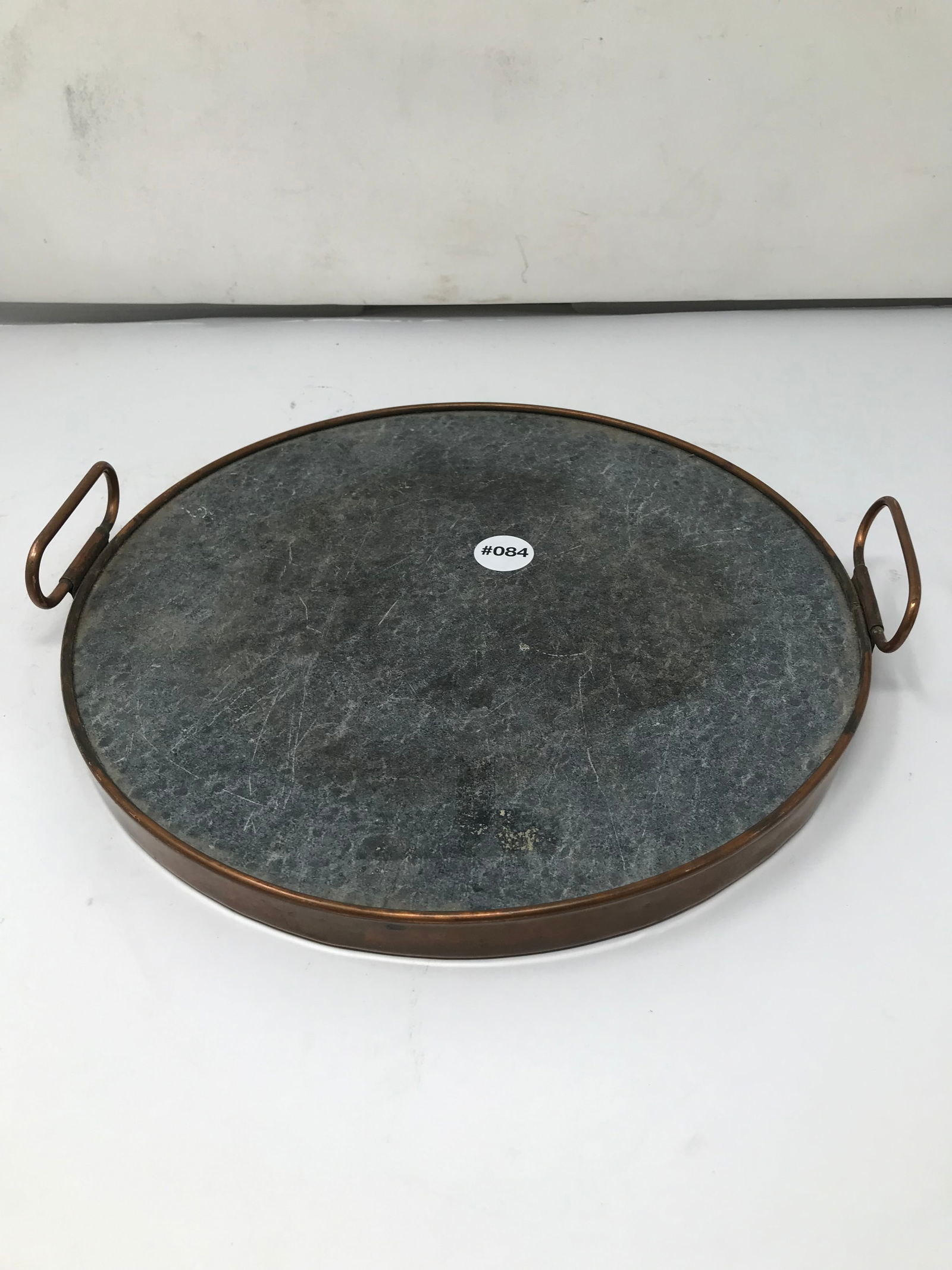 Soapstone Tray: 12" round, has copper handles & frame