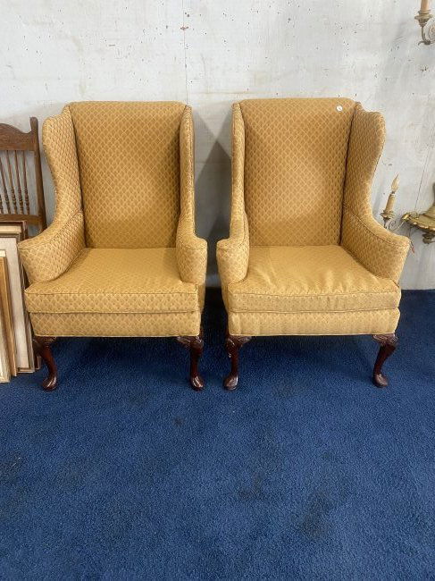Pair of 18th Century Reproduction Wingback Chairs: 43"x28"x24", has mahogany carved legs with shell carvings