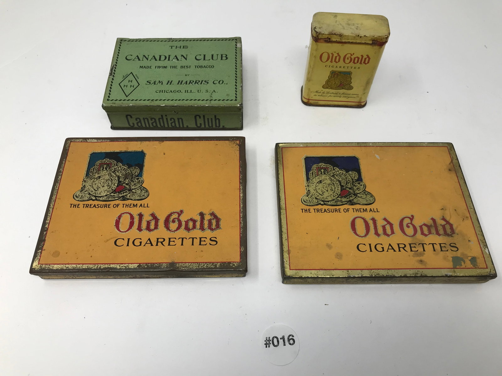 (4) Tobacco Adv: three old gold cigarette tins and canadian club tin. largest 6".