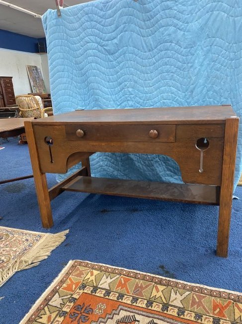 Antique Mission Oak Desk: mission style cut outs, 29"x47"x27".