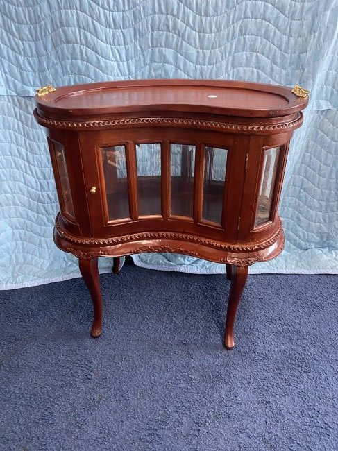 Mahogany Vitrene: 33" x 30" x 18". Has removable tray top.