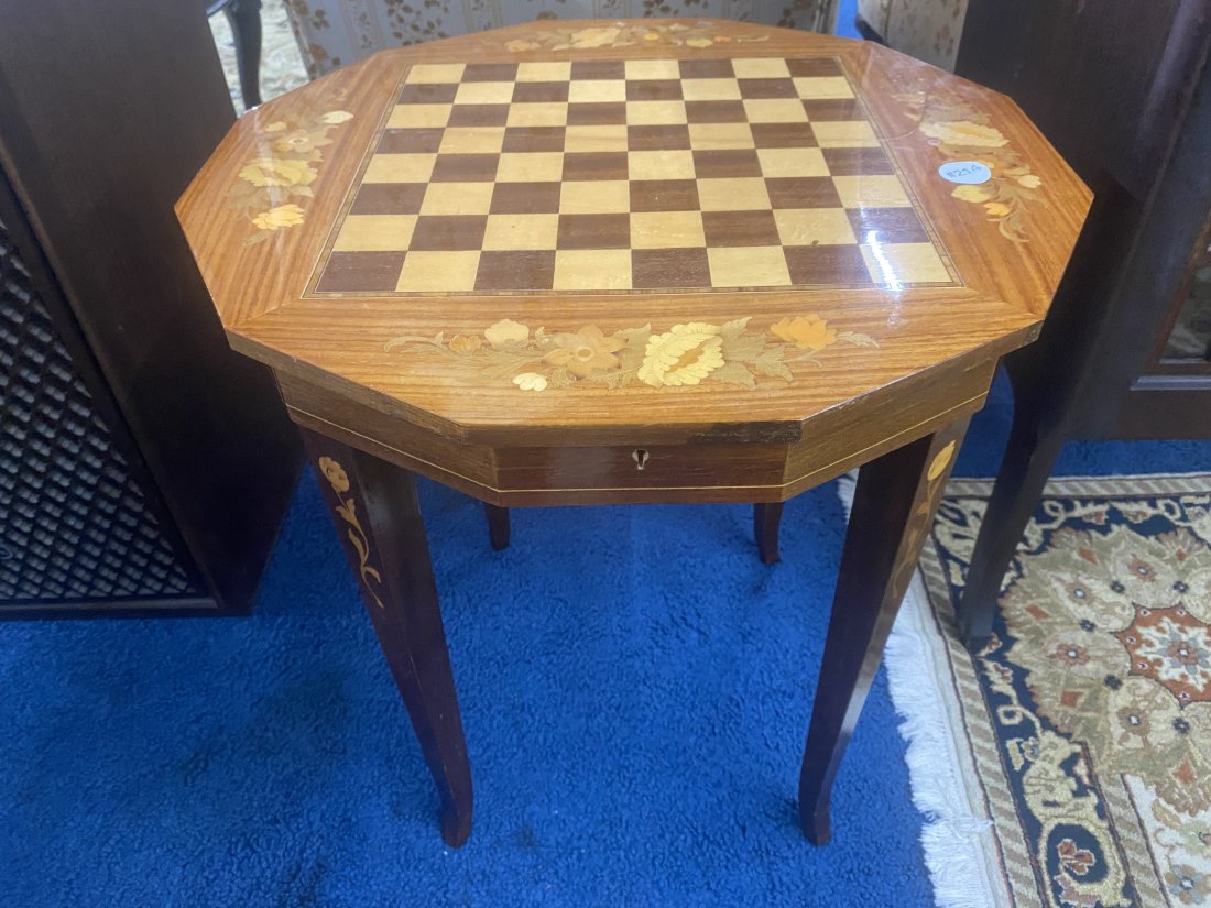 Musical Game Table: 21" x 19"x 19". Decorated game top & has Ruege music box..