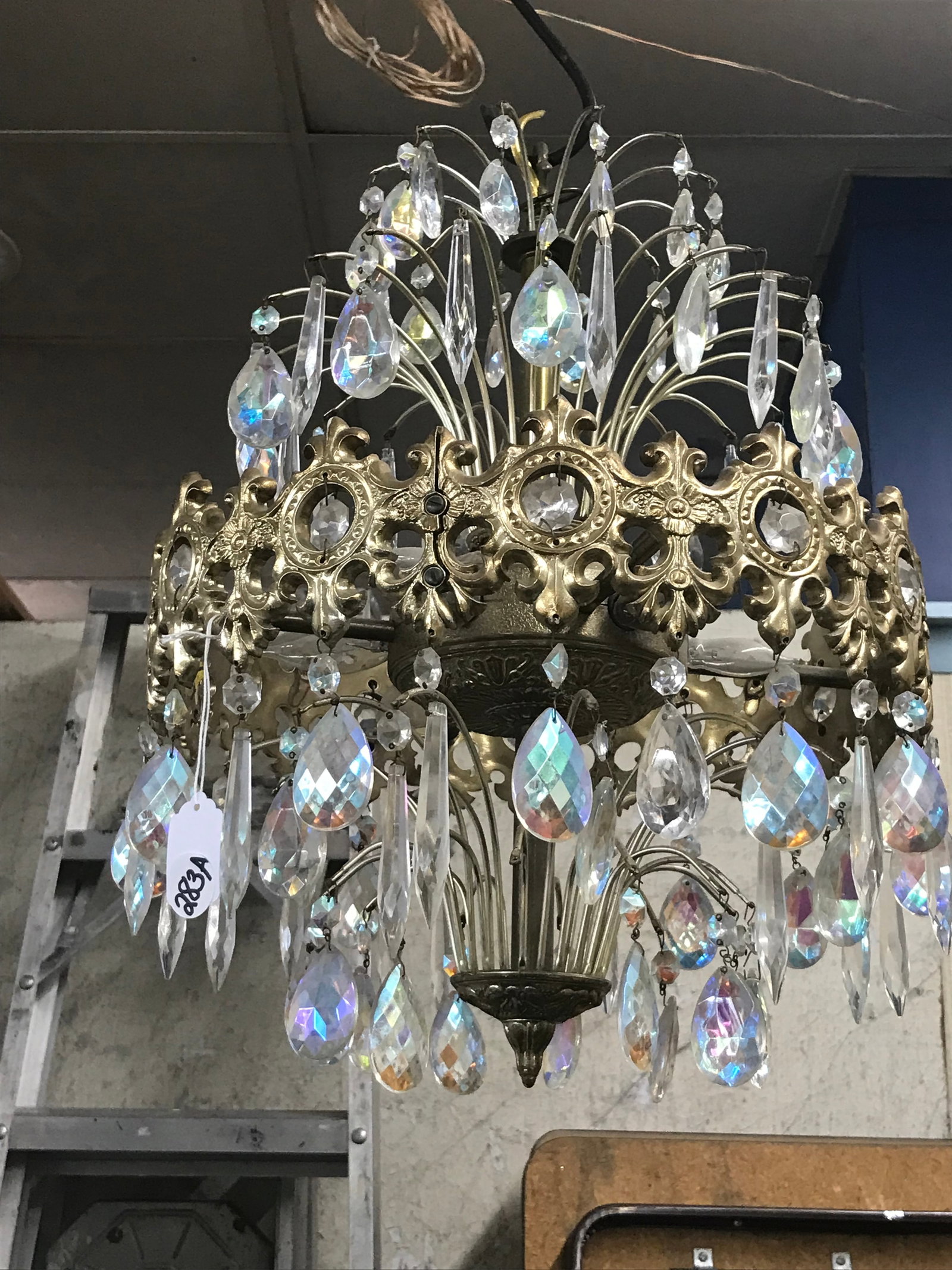 Gilt Chandeleir: all prisms appear present, 21"H.