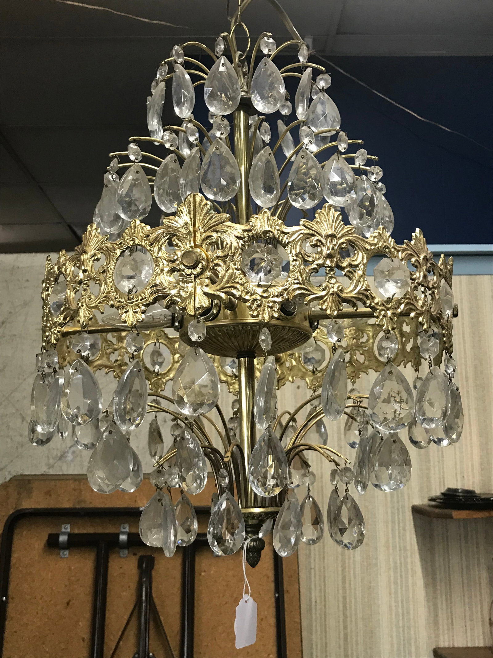 Gilt Chandeleir: all prisms appear present, 24"H.