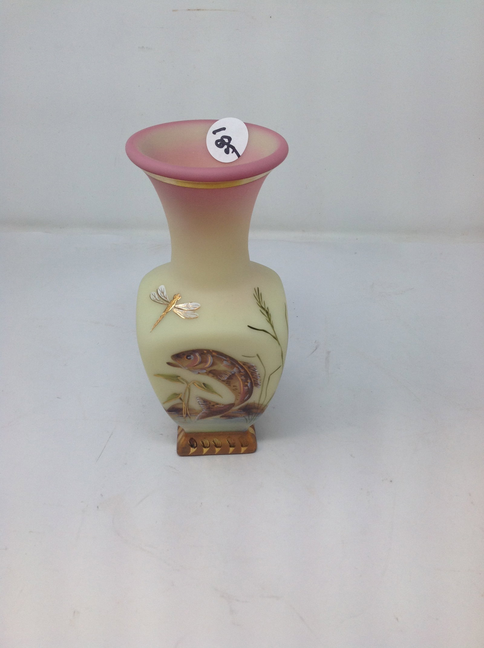 Fenton Dragonfly and Trout Vase: Artist signed on base. 8 inches high.